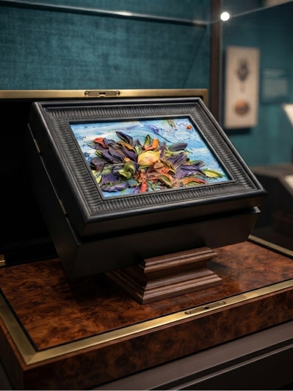 Renea Menzies Beautiful 3-D Oil Sculpted Flower Painting Black Jewelry Box